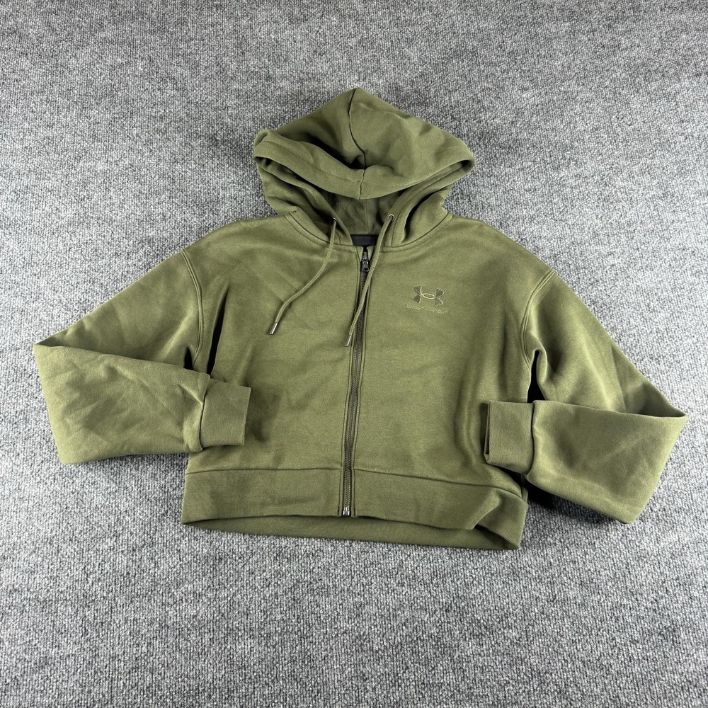 Under Armour Hoodie Womens XS Green Fleece Cropped Full Zip Raglan Logo Athletic